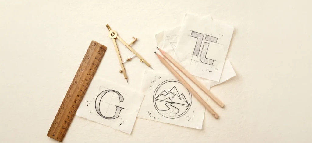 Logos copas crayons et règle pour montrer la création d'un logo et d'une identité visuelle
