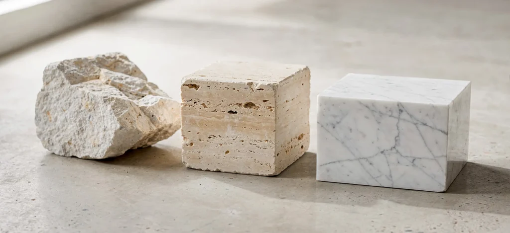 Trois blocs de pierre brute, travertin et marbre illustrant les étapes d'une stratégie de marque avant la création d'identité visuelle